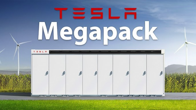 A row of Tesla Megapack battery storage units installed on-site.